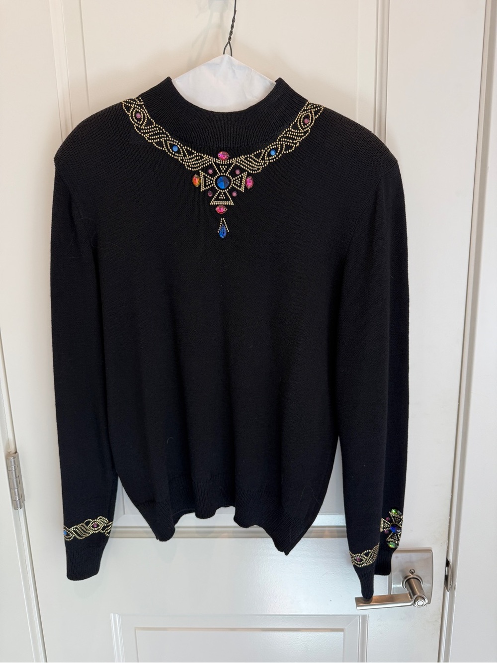 St. John Black Crewneck Sweater with Jewel-Tone Beaded Embellishments